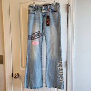 VON DUTCH Low Rise Bootcut Patch Embroidered Jeans Light Wash Y2K Size 26 NWT